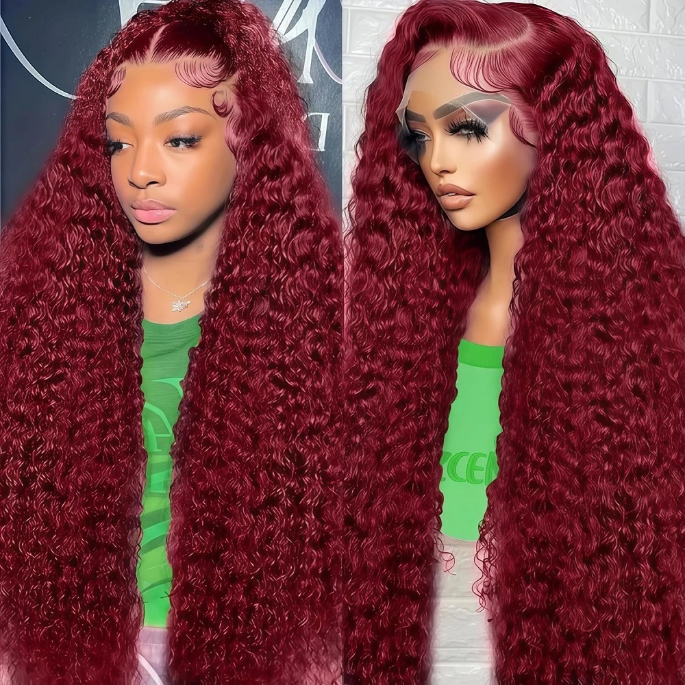 Lace Front Wig - Wig rambut manusia warna burgundy 99J,