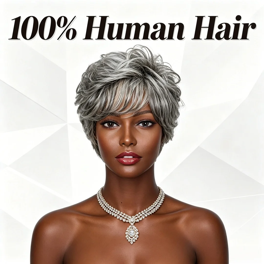 Hair Care Women - Wig Rambut Manusia Ombre Abu-abu Keriting